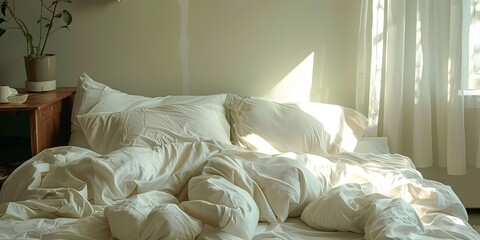 A messy bed with white bedding offers a raw and authentic feel, ideal for interior design projects.