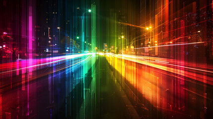 Time lapse photography of fast moving colorful vehicle lights on the road of a city.