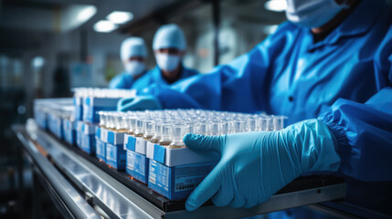 Work staff preparing products on a pharmaceutical manufacturing production line. Workers Packing Medicine Bottles in Product Production Facilities.