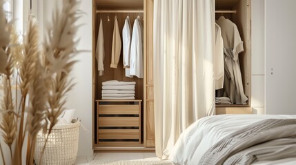 Scandinavian wardrobe with clean design, neutral colors, and wooden accents