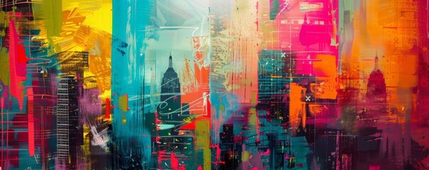 Vibrant abstract painting depictions of city skylines with vivid hues and dynamic strokes