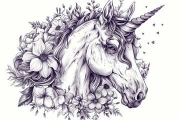 Obraz premium Intricate handdrawn unicorn with a blend of flowers and hearts, perfect for fantasy themes