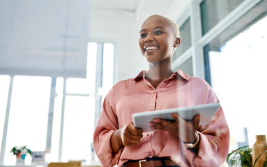 Face, glass and tablet with business black woman in office for brainstorming or planning. Agenda,...