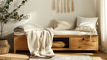 Scandinavian storage bench with clean lines, wooden finish, and cozy textiles