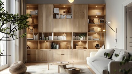 Scandinavian storage solution with modular units, natural materials, and bright lighting