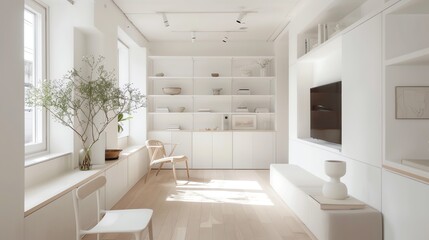 Scandinavian storage with builtin shelves, white walls, and a minimalist aesthetic