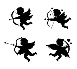 Cupids shooting arrows. Valentine's day. Love symbol. Angel with a wings. Cherubs silhouette. Vector illustration.