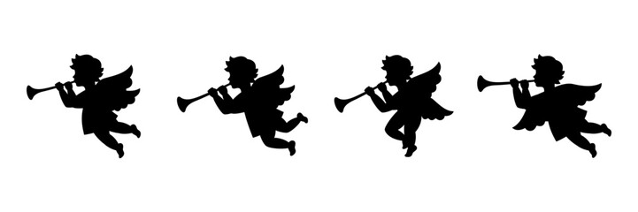 Cherub set. Herald angel blowing trumpet. Angel with a wings. Vector illustration.
