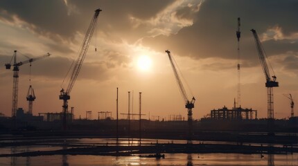 Obraz premium Urban Construction Landscape, Ideal for architectural firms, construction companies, and real estate agencies. Background depicts modern buildings and construction cranes against the urban sky. Silhou