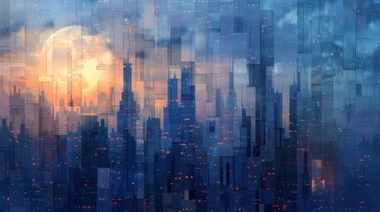 Fototapeta premium A cityscape with tall buildings and a cloudy sky