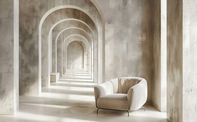 3d rendering of modern interior design. armchair in the middle of long corridor with arches and columns made from concrete, light floor, sunlight 