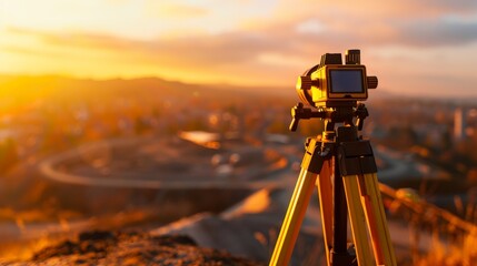 A close-up of surveyors equipment set up on a tripod, overlooking a vast construction landscape bathed in golden afternoon light