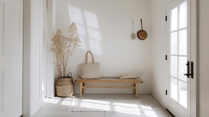 Scandinavian entryway with clean lines, white walls, natural light, and simple decor