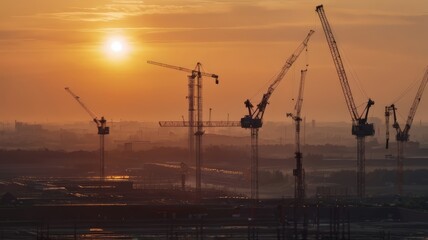 Urban Construction Landscape, Ideal for architectural firms, construction companies, and real estate agencies. Background depicts modern buildings and construction cranes against the urban sky. Silhou