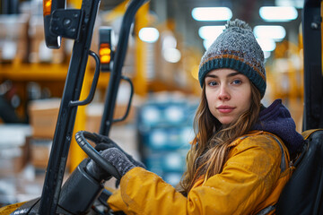 Portrait of female forklift operator, focused and precise, navigates through a busy warehouse filled with organized crates and boxes, maintaining efficient logistics
