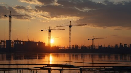 Fototapeta premium Urban Construction Landscape, Ideal for architectural firms, construction companies, and real estate agencies. Background depicts modern buildings and construction cranes against the urban sky. Silhou