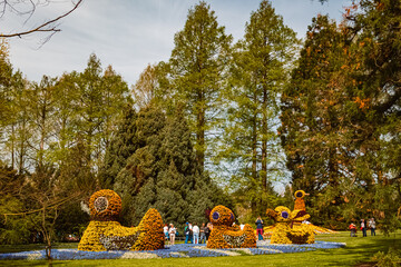 Beautiful spring view with huge flower frames in the shape of ducklings at Mainau island, Lake Bodensee, Baden-Württemberg, Germany