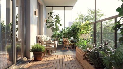 Scandinavian balcony with clean furniture design, wooden flooring, potted plants, and a serene atmosphere