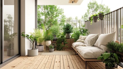 Scandinavian balcony with minimalist furniture, wooden flooring, potted plants, and a serene atmosphere