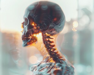 Artistic image of a human skull and spine, captured with dramatic lighting and abstract background elements creating a surreal atmosphere.