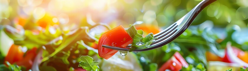 Close-up of a fresh, vibrant salad with tomatoes, greens, and a fork picking up a bite, captured in natural sunlight.