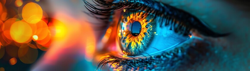 Close-up of a human eye with vibrant colors and detailed iris, showcasing stunning detail and...