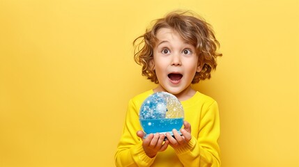 Child displaying surprise while holding a blue snow globe on a solid yellow background, perfect for winter-themed minimalist stock images