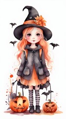 Watercolor adorable halloween girl. Generative AI