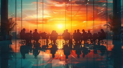 Silhouettes of employees engaged in a lively discussion around a conference table. The backlit figures are animated, with hand gestures and expressive postures, conveying a dynamic and productive