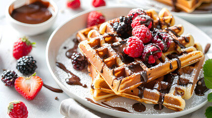 delicious Belgian waffles with chocolate-nut butter and berries
