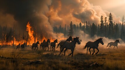 Wild Horses Escaping Raging Forest Fire in Majestic Landscape