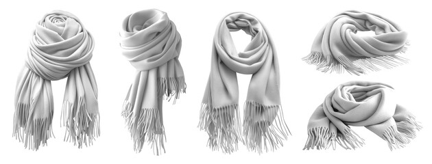 Set of white knit knitted woven wool fleece scarf shawl wrap with tassel, front and flat lay view on transparent cutout PNG. Many different angle. Mockup template for artwork design