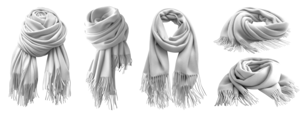 Set of white knit knitted woven wool fleece scarf shawl wrap with tassel, front and flat lay view on transparent cutout PNG. Many different angle. Mockup template for artwork design
