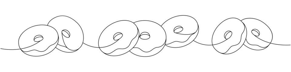 Doughnuts set. Take away donuts one line continuous drawing. Bakery sweet pastry food. Vector linear illustration.