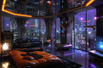 Modern, cyberpunkthemed living space with neon lighting and panoramic city views