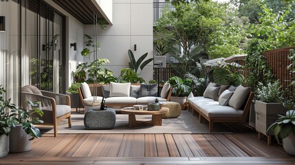 Fototapeta premium Scandinavian terrace with clean lines, comfortable seating, wooden decking, and potted plants