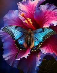 Papillon à l’intérieur d’une fleur d’hibiscus géante. Le dragon a des écailles irisées_