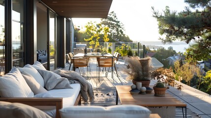 Fototapeta premium Scandinavian terrace with sleek outdoor furniture, soft textiles, natural light, and simple decor