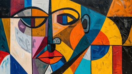 Colorful cubist painting of abstract faces