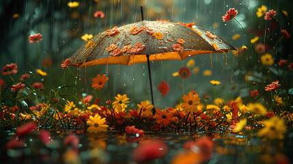 An umbrella filled with flowers, leaves or even water