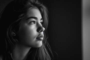Fototapeta premium Portrait of a girl looking away in a solid color background, AI generated