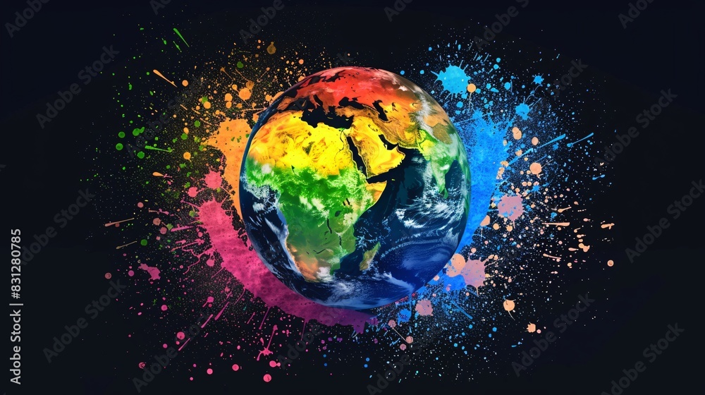 Wall mural a colorful earth with splashes of paint, representing global environmental symbols and colors on bla