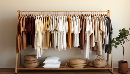 Minimalist clothing rack with neatly arranged neutral-toned clothes, cushions, and a plant, creating a stylish and organized space.