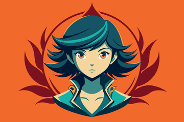 A stylized illustration of a female character with blue hair and large eyes.