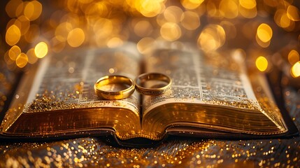 A pair of gold wedding rings sits atop an open book. The book is open to the middle and has a page that is a darker gold color than the rest.The background is a blurred golden color with bright light. - Powered by Adobe