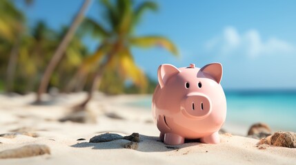 Pink piggy bank on tropical beach with palm trees and turquoise ocean, symbolizing savings, vacation fund, and financial planning.