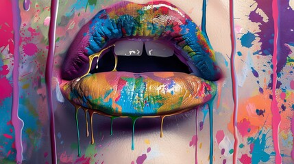 A colorful and vibrant digital art piece featuring lips with open mouth, dripping with liquid paint, creating an enchanting visual effect., focus on face