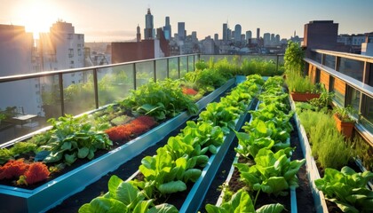 A vibrant rooftop garden with various vegetables and plants flourishing under the early morning sun. The city skyline in the background highlights the contrast between urban life and sustainable