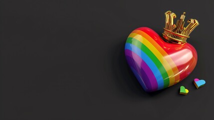 Rainbow heart with golden crown on black background. Pride celebration concept. 3D rendering LGBT rainbow flag.