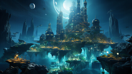 A fantasy city built on a river delta. The city is surrounded by mountains and there is a large moon in the sky. The city is lit by a variety of lights, including torches and lanterns.